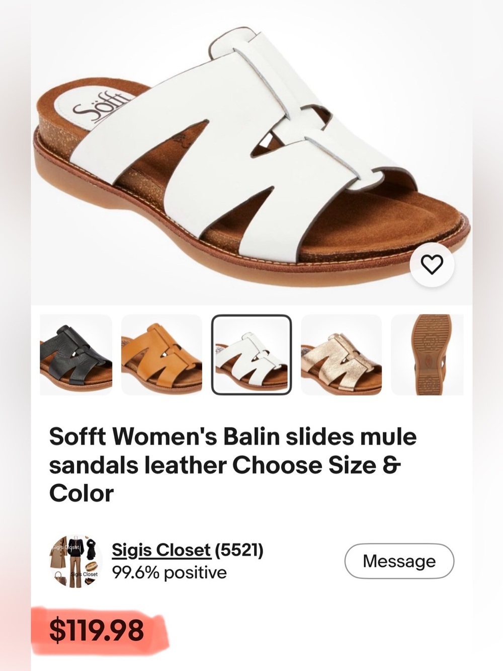 Ladies Sofft Balin Leather Slide Sandal White Size 8 EUC - Picture 12 of 12